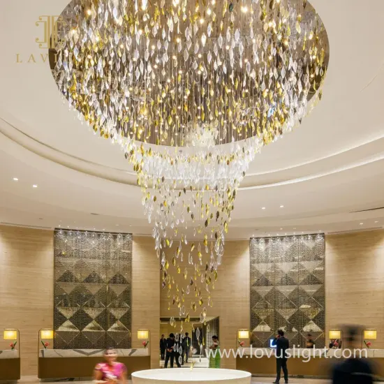 Hotel Gold Chandelier Custom Hotel Lobby Large Pendant Light Villa Wedding Foyer Gold K9 Big Crystal chandelier