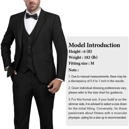 WYWK Men's 3-Piece Suit Banquet Prom Wedding Set-Black-L