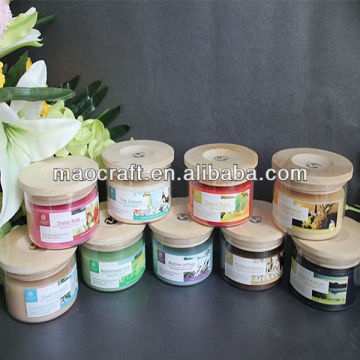 sented natural soy candles in glass jar with wooden lid