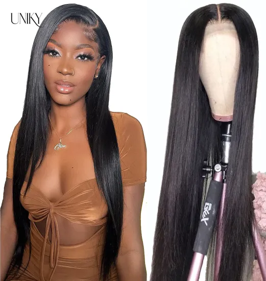 Uniky Natural Color Long Swiss Lace Straight Hair Wig For Black Women 100% Raw Indian Human Hair Lace Front Wig