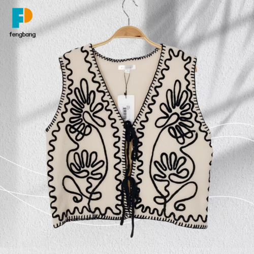 Renkli İp Detaylı Nakışlı Kolsuz Hırka