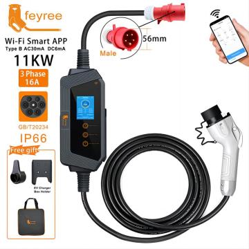 Feyree GBT Cord EV Portable Charger med WiFi Control, 11kW, 16A, 3Phase EVSE -laddningslåda