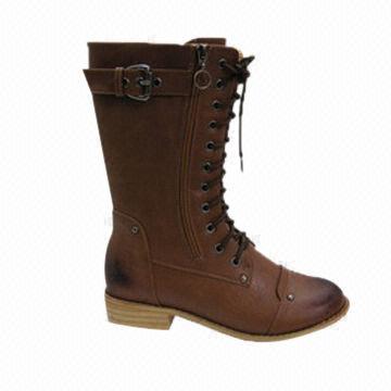 Women's dress boots, military style with flat rubber sole/low wood heel/leather brush effect at toe