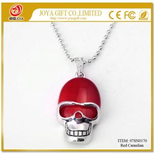 Red Carnelian Skull Gemstone Pendant Necklace with Silver Chain