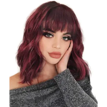 Factory wholesales Short Loose Body Wave Wavy  Hair Wig With Bangs shoulder length Wavy Synthetic hair Wigs For  Black Women