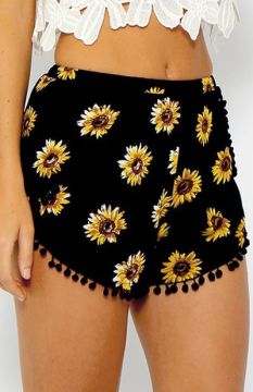 European Summer New Sunflowers Printed Elastic Waist Beach Shorts B3218