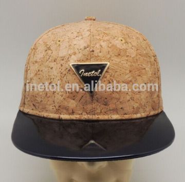 2017 Hiqh quality flat brim cork material custom metal plate snapback hat