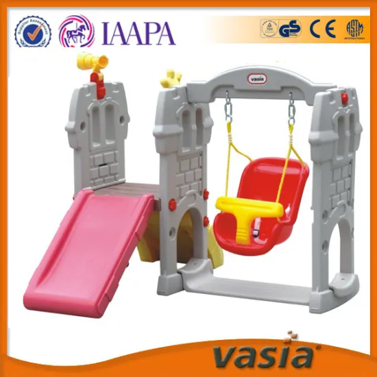 Plastic castle slide and swing play set
