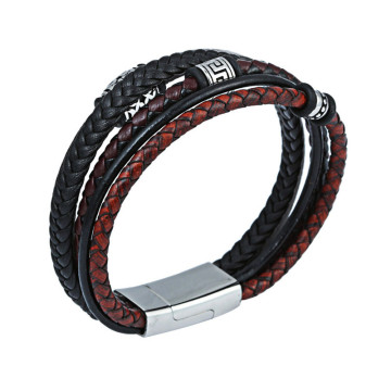 Hot Selling Professional Leather Wrap Stainless Steel Bead Charm Bracelet with Magnetic Lock