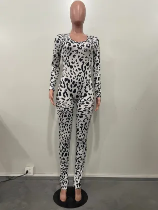 Wholesale 2024 Skinny Playsuits Leopard Print Jumpsuits S-2XL