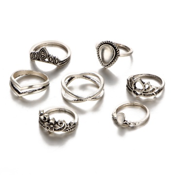 7 sets Vintage Silver Knuckle Rings Set Stackable Joint Finger Ring for Women Bohemian Midi Boho Crystal Stacking Pack