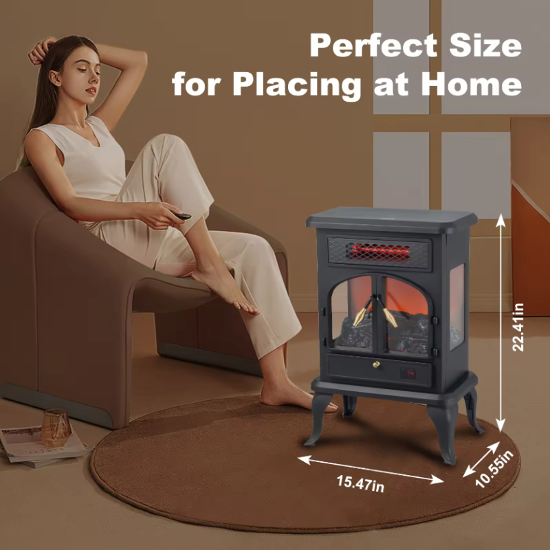 Electric Stove Heater 1400W Freestanding Fireplace With Wood Stove Flame Effect - Two Doors