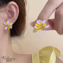 黄色と白のコンボ不規則な花びらのイヤリング