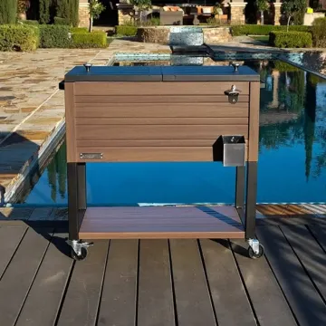 Wooden Grain Steel Patio Rolling Cooler Cart 76L Beverage Cooler with Wheels