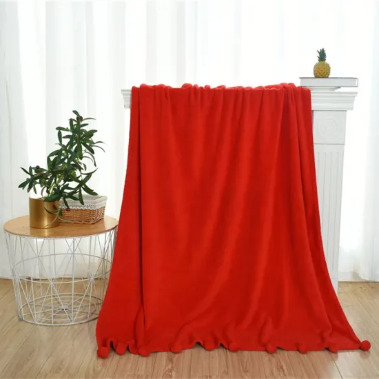 Machine Washable Microfiber Big PomPom Plain Coral Fleece Blanket Solid Color Pom Poms Blanket