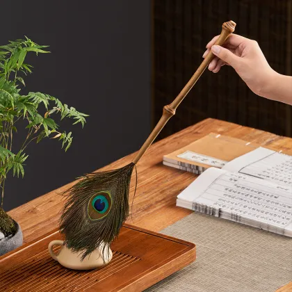 Handmade Purple Bamboo Root Feather Duster for Tea Table Dusting