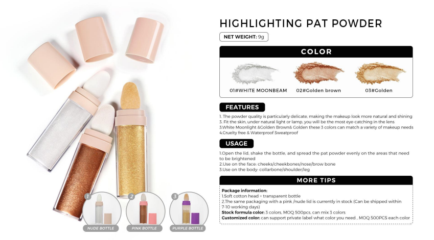 Custom Highlighter Bronzer Stick Puff Highlight Powder Body Shimming Powder Loose highlighter Powder For Pink Nude Bottle