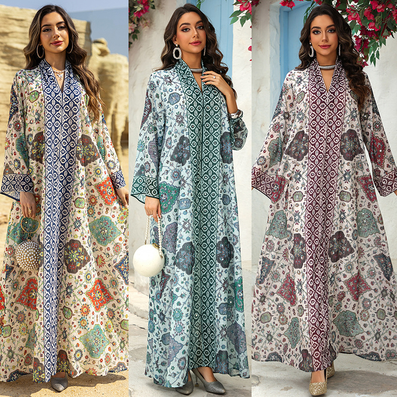 Floral Print Long Sleeve Chiffon Modest Maxi Dress