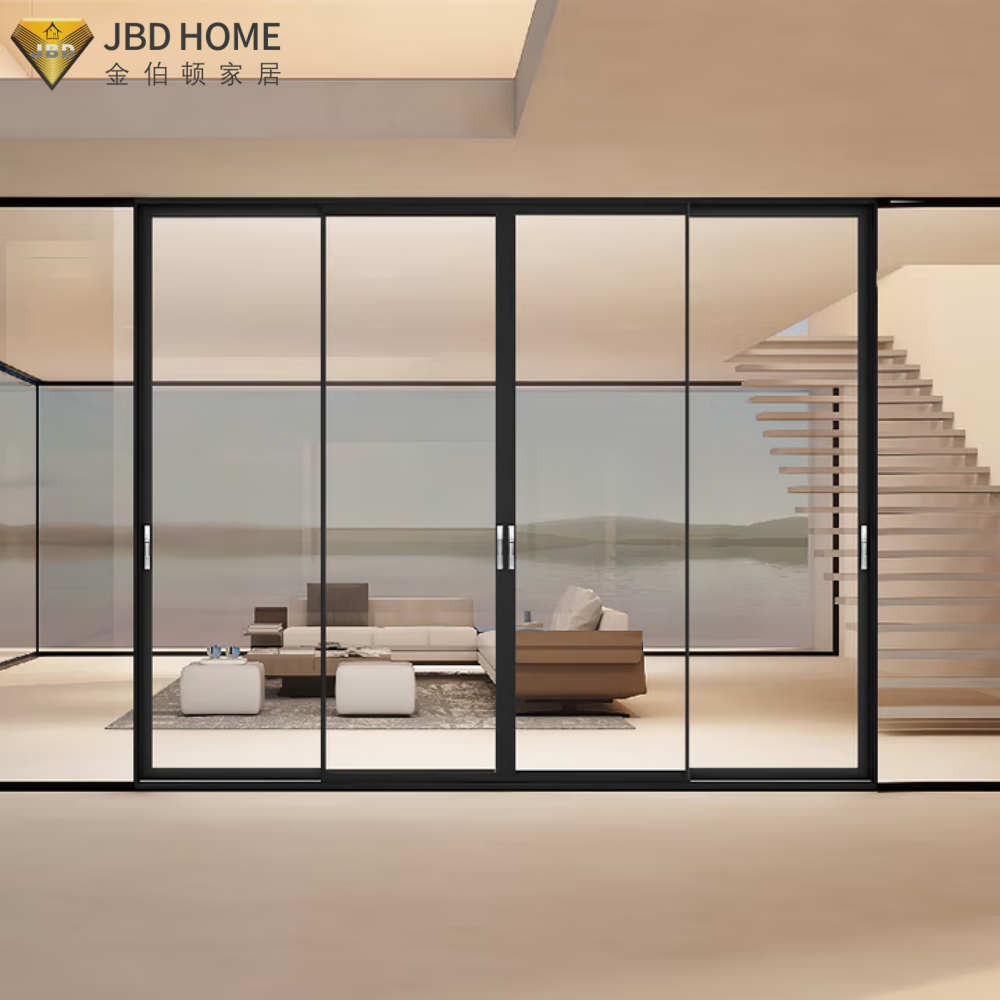 Zona di pranzu cuntempuranea cù grandi porte scorrevule minimaliste