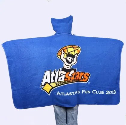 polar fleece plush sponsor logo sports print poncho blanket with hat