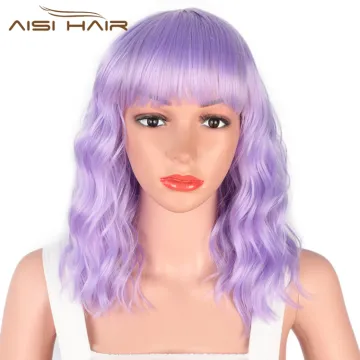 Aisi Hair Wholesale Top Quality Purple Short Bob Wig With Neat Bangs Synthetic Cosplay Short Curly Wave Wigs For Black Women