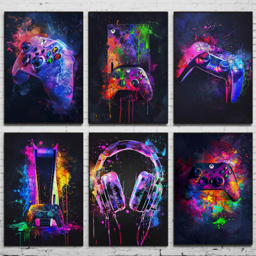 Aquarell -Neon -Videospielplakate - Gaming Pop Art für Jungenzimmerdekoration