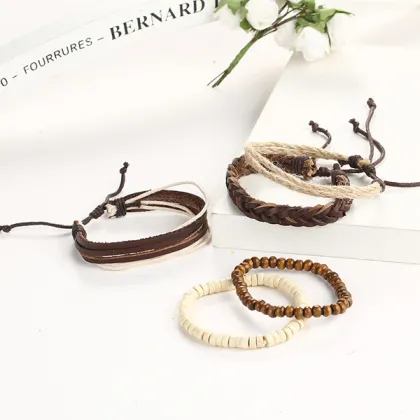 Wooden Beads Bracelet DIY Multi Layer Leather Wristbands