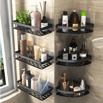 Wall-Mounted Multi-Layer Black Aluminum Bathroom Organizer Shelf with Sticker