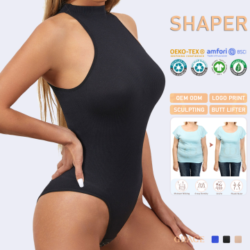 2024 Women's Round Neck Open Crotch Sleeveless Seamless Ribbed Tummy Control One Piece Jumpsuit Thong Body Shaper