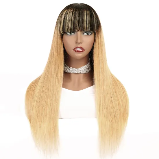 Wholesale Bangs Wig Brazilian Remy Straight Hair Human Hair Wigs For Women Ombre Color Non Lace Full Machine Made Wig With Bang