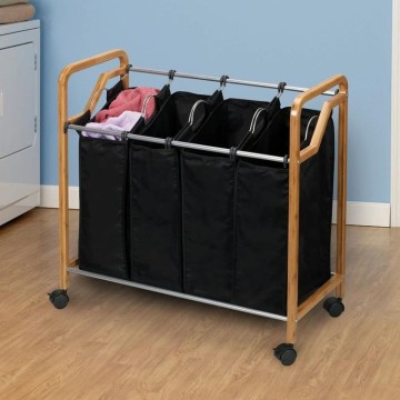 Household Bamboo Laundry Hamper Sorter 3 bag Basket Wheeled