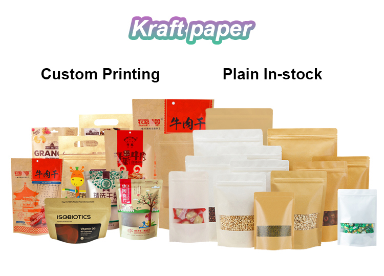 Custom Printed Food Packaging Stand Up Pouch Resealable Zipper Craft Kraft Paper Bags With Your Own Logo