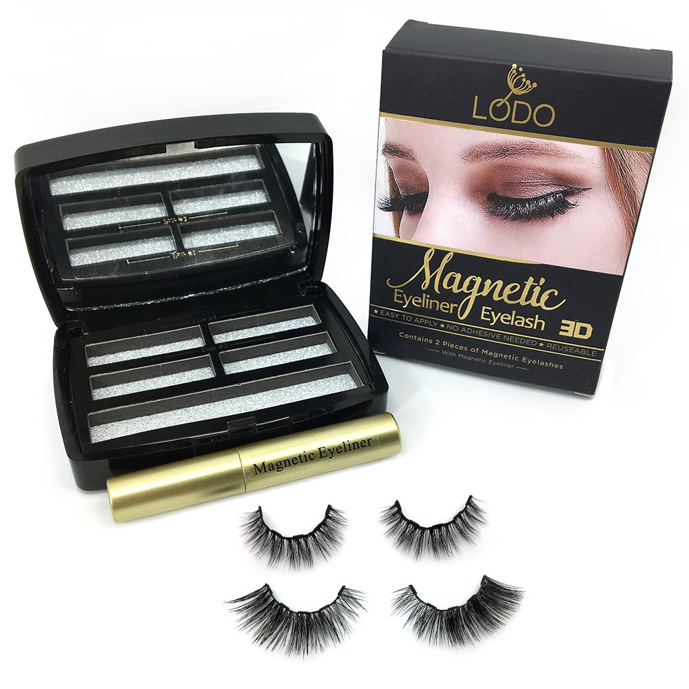 Two pairs mink magnetic eyelashes in plastic box with eyeliner and tweezer