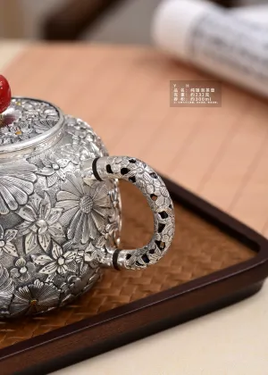 Luxury Silver Tea Pot Featuring Floral Motifs