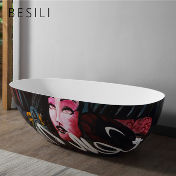 China Supplier Free Standing Stone Bath with Colorful Painting Hot Tub