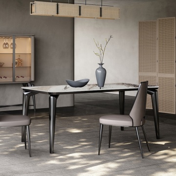 Modern Stainless Steel Frame Square Dining Table with Natural Marble Top