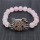 Pulsera de piedras preciosas elástica y cuentas redondas de cuarzo rosa 8 mm con pieza de cabeza de gato de aleación de diamante