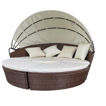 Retractable Canopy Wicker Sofa - Round Rattan Beach Daybed