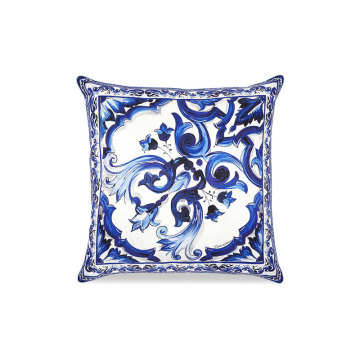Vintage Linen Cotton Pillow Cover with Blue Flower Print