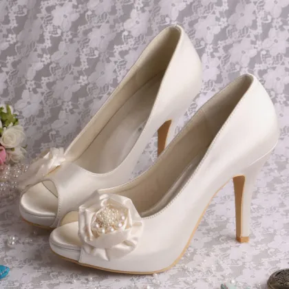 Satin Rose Flower Shoes for Wedding Bride