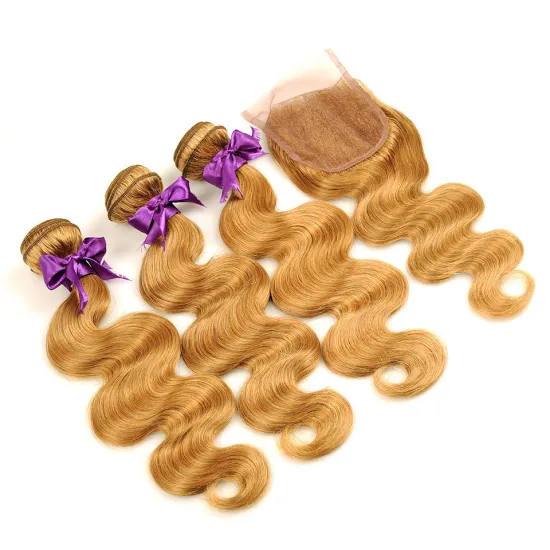 100% Virgin Raw Human 10-26 inch 27# Honey Blonde Hair Bundles With Closure,Mink Body wave Hair Bundle