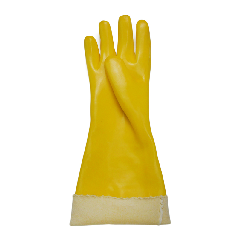 Yellow PVC coated gloves smooth finish cotton linning 45cm