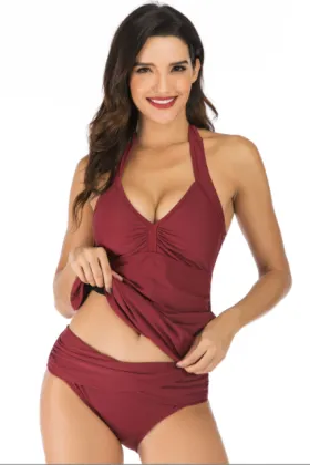 Solid Color Halter Sexy Split Swimsuit Bikini Suit