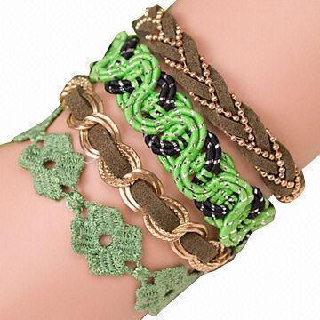 Hot sale bracelet, fashion multilayer colors, made of lace, cord and PU leather