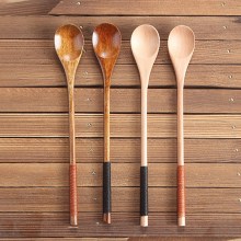 Japanese style Tied Line Wooden Stirring Spoon Stir Honey Spoon Long Handle Coffee Spoons Tableware Jam Cream Milktea Tools