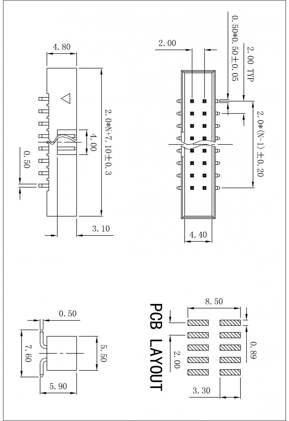 2,0x2,0 mm (0,079x0.079in) Box -Header SMT vertikale einzelne Zeilen H = 4,8