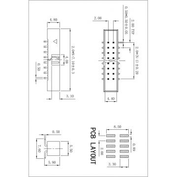 2.0x2.0mm (0,079x0.079in) Cabeçalho da caixa SMT Linhas únicas vertical H = 4,8