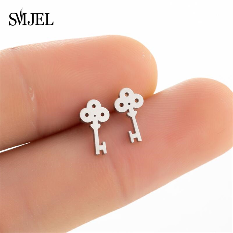 Stainless Steel Earrings for Women Fashion Small Black Flower Key Crown Nurse Star Stud Earring Piercing Jewelry Gifts