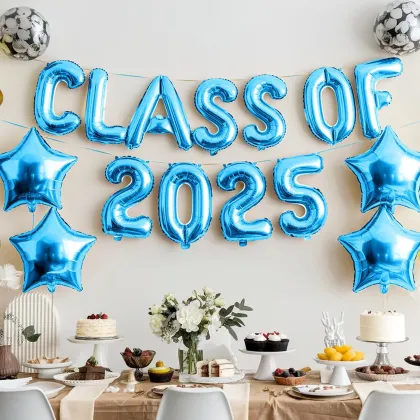 Blue graduation balloons for the class of 2025