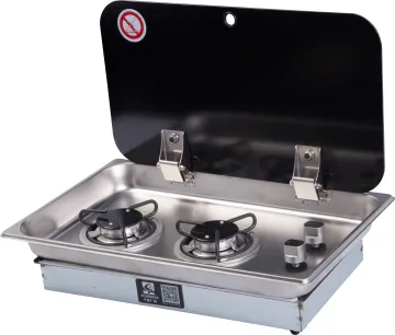 2 Burner Gas Stove Hob with Glass Lid, 2*1.8KW, 530*325*(52+55)mm, GR-902 for Boat, Caravan, RV, Camper